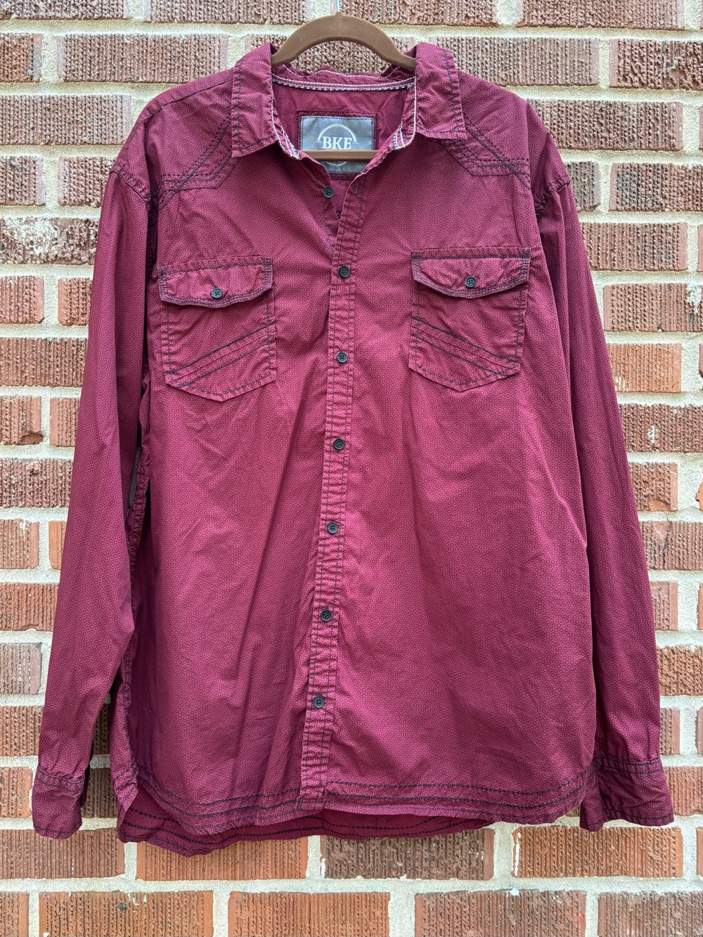BKE Men 2XL burgundy Micro print Long Sleeves Athletic Fit Western Cotton Shirt